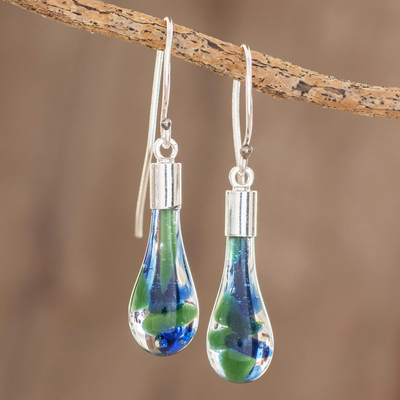 Art glass dangle earrings, 'Ocean Reflection' - Blue and Green Art Glass Dangle Earrings from Costa Rica