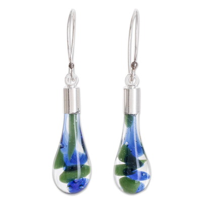 Art glass dangle earrings, 'Ocean Reflection' - Blue and Green Art Glass Dangle Earrings from Costa Rica