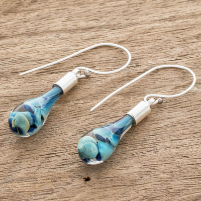 Art glass dangle earrings, 'Flirty Waves' - Blue Art Glass Dangle Earrings from Costa Rica