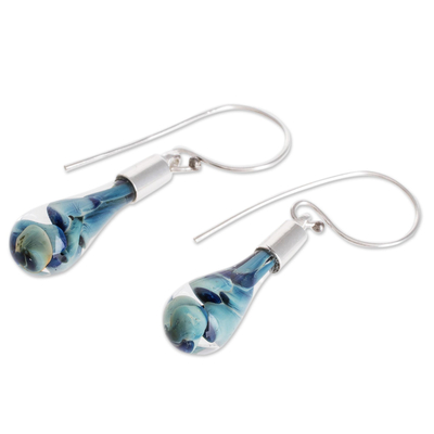 Art glass dangle earrings, 'Flirty Waves' - Blue Art Glass Dangle Earrings from Costa Rica