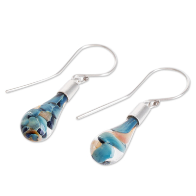 Art glass dangle earrings, 'Rain of Color' - Blue and Pink Art Glass Dangle Earrings from Costa Rica