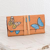 Leather wallet, 'Colors of Liberty' - Hand-Painted Butterfly Motif Leather Wallet from Costa Rica