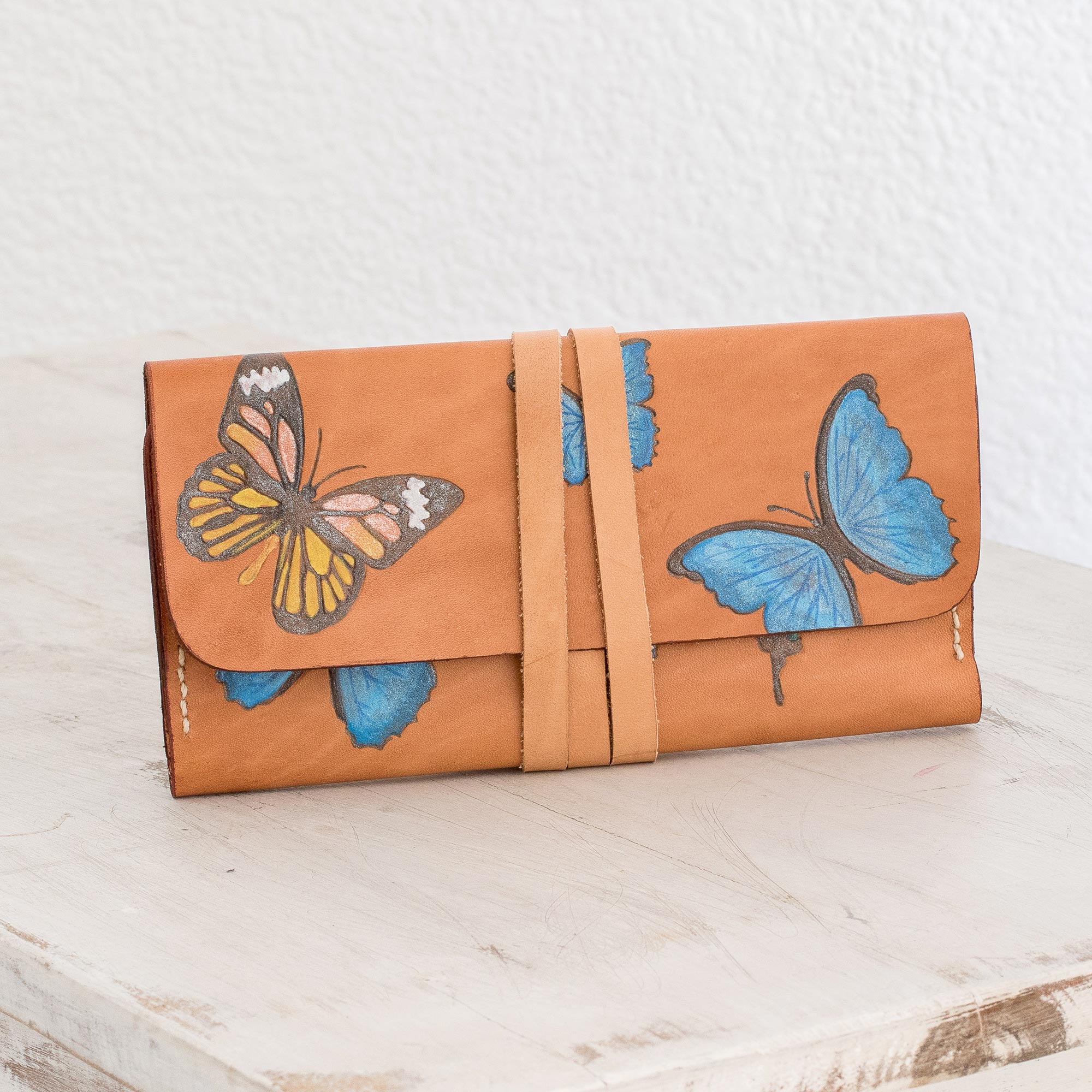 Hand-Painted Butterfly Motif Leather Wallet from Costa Rica - Colors of  Liberty