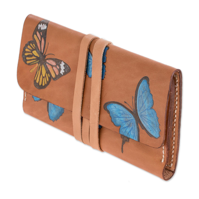 Leather wallet, 'colours of Liberty' - Hand-Painted Butterfly Motif Leather Wallet from Costa Rica