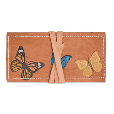 Leather wallet, 'Colors of Liberty' - Hand-Painted Butterfly Motif Leather Wallet from Costa Rica