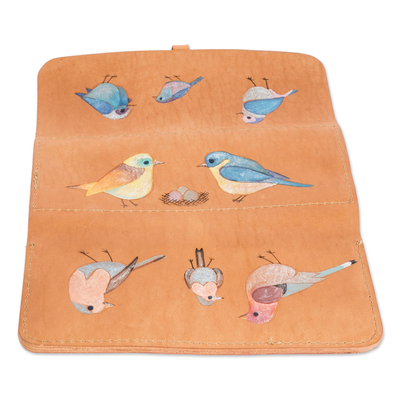 Leather wallet, 'Song of Birds' - Bird Motif Hand-Painted Leather Wallet from Costa Rica