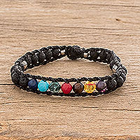 Men's beaded macrame bracelet, 'Planet Colors in Black' - Men's Glass and Lava Stone Beaded Macrame Bracelet in Black