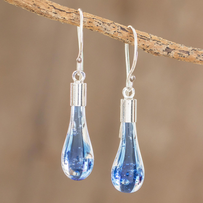 Art glass dangle earrings, 'Blue Bay' - Handcrafted Art Glass Dangle Earrings from Costa Rica
