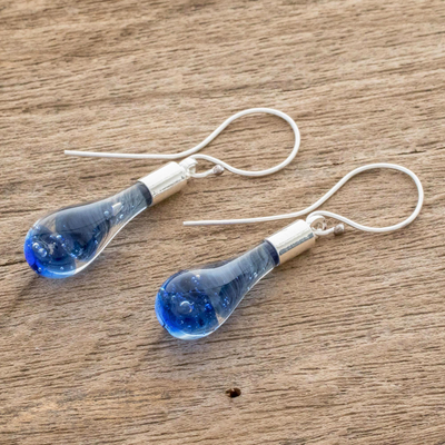 Art glass dangle earrings, 'Blue Bay' - Handcrafted Art Glass Dangle Earrings from Costa Rica
