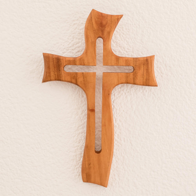 Wood wall cross, 'Freeform Cross' - Artisan Crafted Cedar Wood Wall Cross from Guatemala