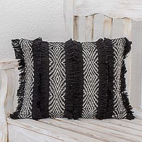 Cotton cushion cover, 'Diamond Texture in Black' - Black and Eggshelled Textured Cotton Cushion Cover