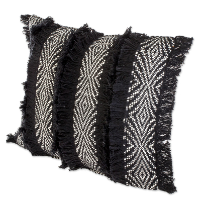 Cotton cushion cover, 'Diamond Texture in Black' - Black and Eggshelled Textured Cotton Cushion Cover