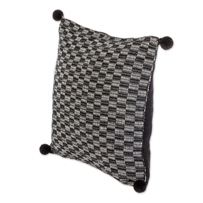 Cotton cushion cover, 'Mesmerized' - Black and Eggshell Cotton Cushion Cover from Guatemala