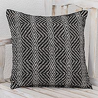 Cotton cushion cover, 'Geometric Elegance in Black'