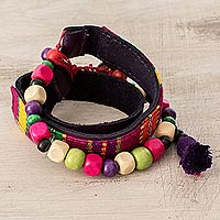 Wood and cotton beaded wrap bracelet, 'Carnival of Atitlan' - Wood and Cotton Beaded Wrap Bracelet from Guatemala