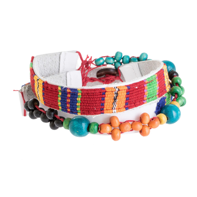 Colorful Wood and Cotton Beaded Wrap Bracelet from Guatemala