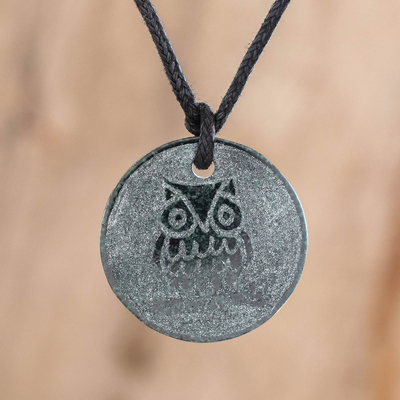 Jade pendant necklace, 'Kame' - Hand-Carved Jade Owl Pendant Necklace from Guatemala