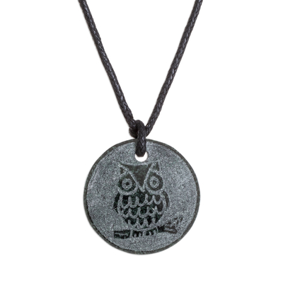 Jade pendant necklace, 'Kame' - Hand-Carved Jade Owl Pendant Necklace from Guatemala