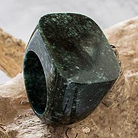 Jade signet ring, 'Strong Stone' - Dark Green Jade Signet Ring Crafted in Guatemala