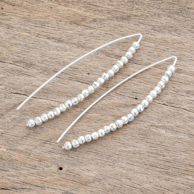 Fine silver beaded drop earrings, 'Rain of Light' - Fine Silver Beaded Drop Earrings from Guatemala