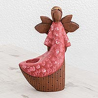 Portavelas de cerámica, 'Ángel Rojo de la Luz' - Portavelas de cerámica con forma de ángel de El Salvador