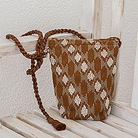 Cotton sling, 'Milk Coffee' - Patterned Adjustable Cotton sling in Brown from Guatemala