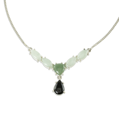 Jade Y-necklace, 'Natural Trio' - Modern 925 Silver Y-Necklace with Jade in 3 Colors