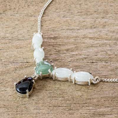 Jade Y-necklace, 'Natural Trio' - Modern 925 Silver Y-Necklace with Jade in 3 Colors