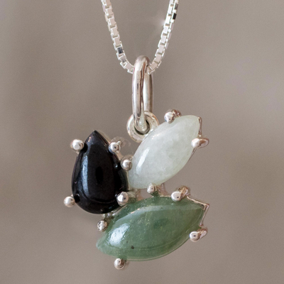 Jade pendant necklace, 'Natural Trio' - Modern 925 Silver Pendant Necklace  with Jade in 3 Colors