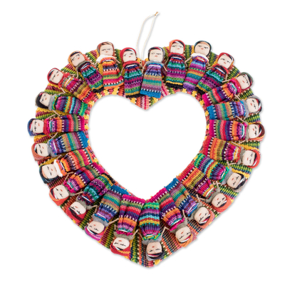 Heart-Shaped Cotton Worry Doll Wreath from Guatemala