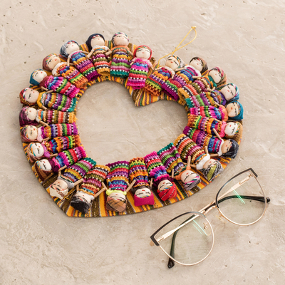 Cotton wreath, 'Quitapena Love' - Heart-Shaped Cotton Worry Doll Wreath from Guatemala