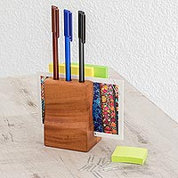 Wood pencil holder, 'Studious Waves' - Handmade Cedar Wood Pencil Holder from Guatemala