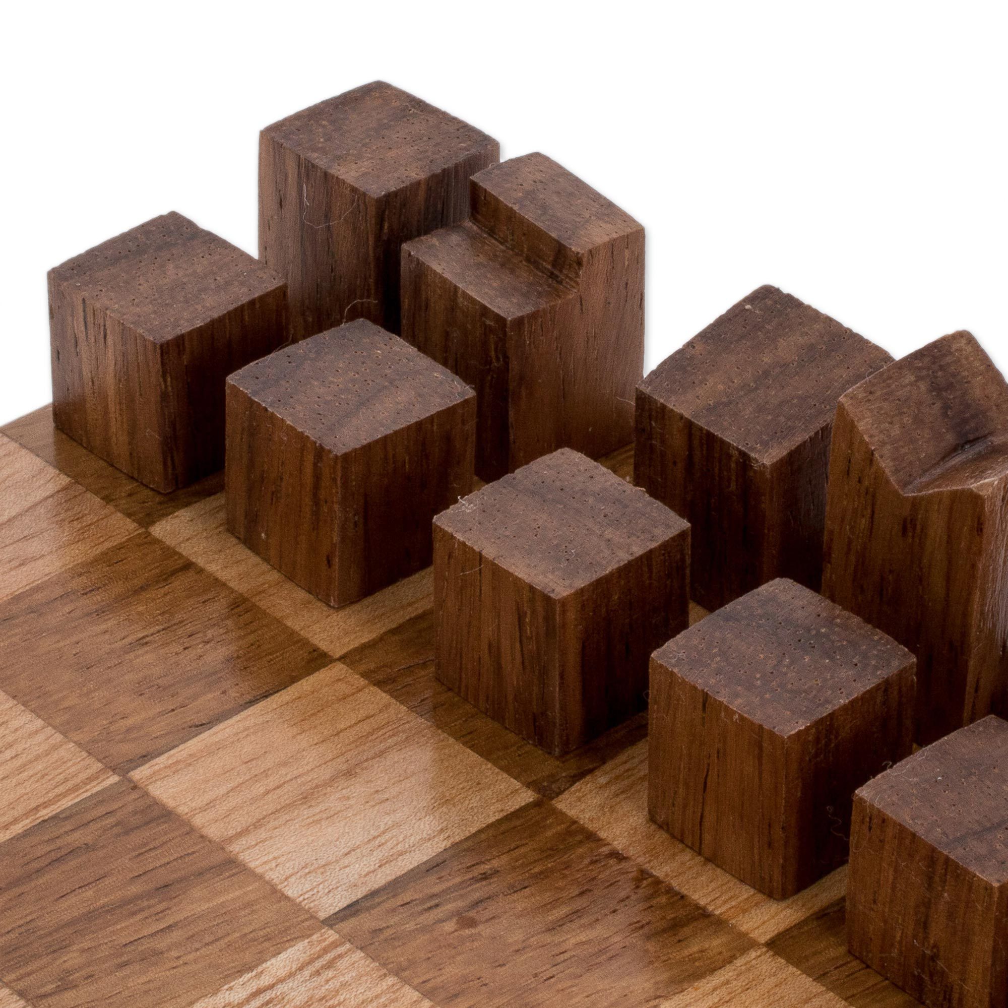 Modern Art Deco Wood Chess Set Crafted in Guatemala (8 In.) Cityscape