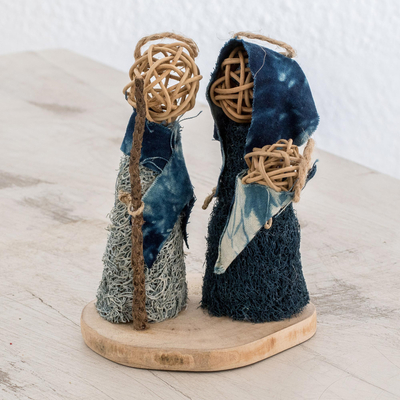 Natural fiber nativity sculpture, 'Happiness of Bethlehem' - Natural Fiber Nativity Sculpture with Blue Cotton Accents
