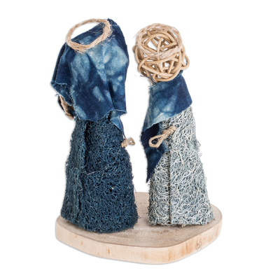 Natural fiber nativity sculpture, 'Happiness of Bethlehem' - Natural Fiber Nativity Sculpture with Blue Cotton Accents