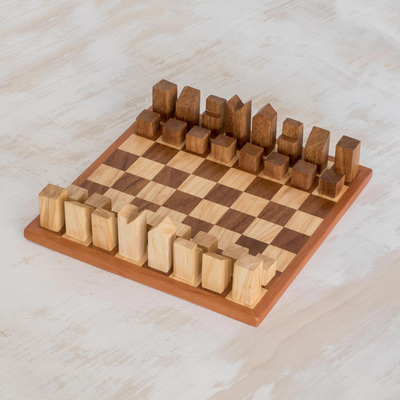 Juego de ajedrez de madera, 'Cityscape' (12 pulgadas) - Juego de ajedrez de madera Art Déco moderno elaborado en Guatemala (12 pulgadas)