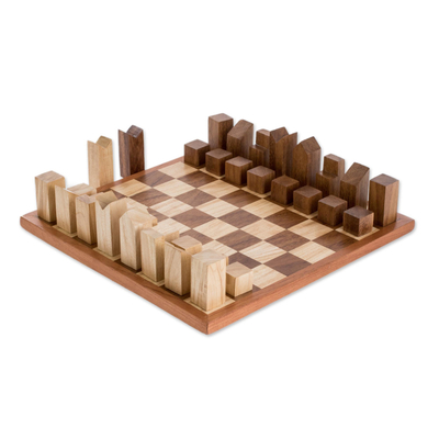 Wood chess set, 'Cityscape' (12 inch) - Modern Art Deco Wood Chess Set Crafted in Guatemala (12 In.)