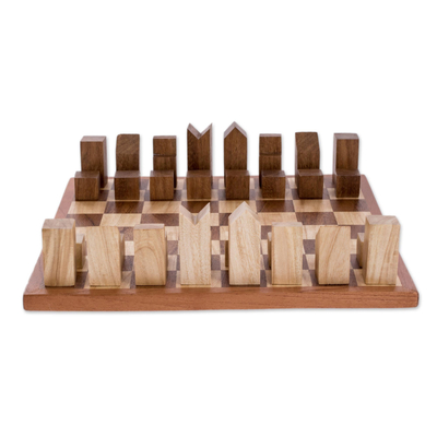 Schachspiel aus Holz, 'Cityscape' (12 Zoll) - Schachspiel aus modernem Art-Déco-Holz, hergestellt in Guatemala (12 In.)