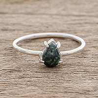 Jade solitaire ring, 'Dark Green Teardrop' - Sterling Silver Ring with Dark Green Guatemalan Jade