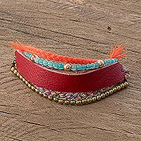 Glass beaded leather wristband bracelet, 'Crimson Combination'