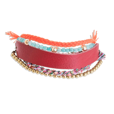 Glass beaded leather wristband bracelet, 'Crimson Combination' - Glass Beaded Crimson Leather Wristband Bracelet