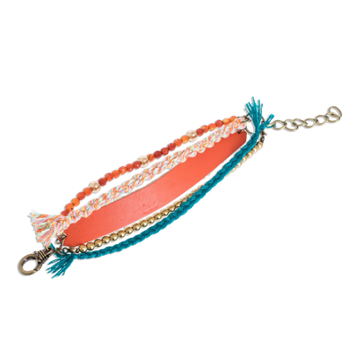 Glass beaded leather wristband bracelet, 'Scarlet Combination' - Glass Beaded Scarlet Leather Wristband Bracelet