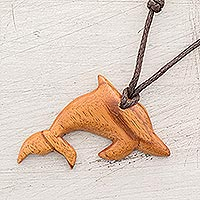 Wood pendant necklace, 'Jobillo Dolphin' - Jobillo Wood Dolphin Pendant Necklace from Costa Rica