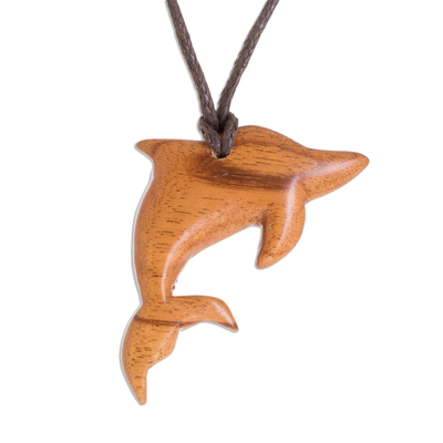 Wood pendant necklace, 'Jobillo Dolphin' - Jobillo Wood Dolphin Pendant Necklace from Costa Rica