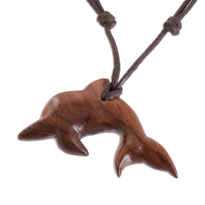 Conacaste Wood Dolphin Pendant Necklace from Costa Rica