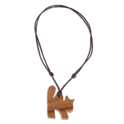 Wood pendant necklace, 'Jobillo Cat' - Jobillo Wood Cat Pendant Necklace from Costa Rica