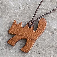 Wood pendant necklace, 'Madrecacao Cat' - Madrecacao Wood Cat Pendant Necklace from Costa Rica