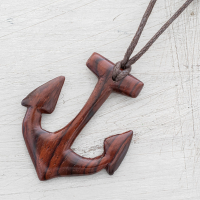Wood pendant necklace, 'Estoraque Striking Anchor' - Estoraque Wood Anchor Pendant Necklace from Costa Rica