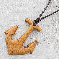 Wood pendant necklace, 'Quina Anchor' - Quina Wood Anchor Pendant Necklace from Costa Rica