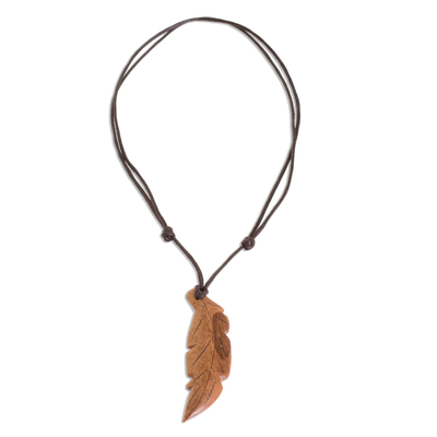 Wood pendant necklace, 'Jobillo Free Feather' - Jobillo Wood Feather Pendant Necklace from Costa Rica